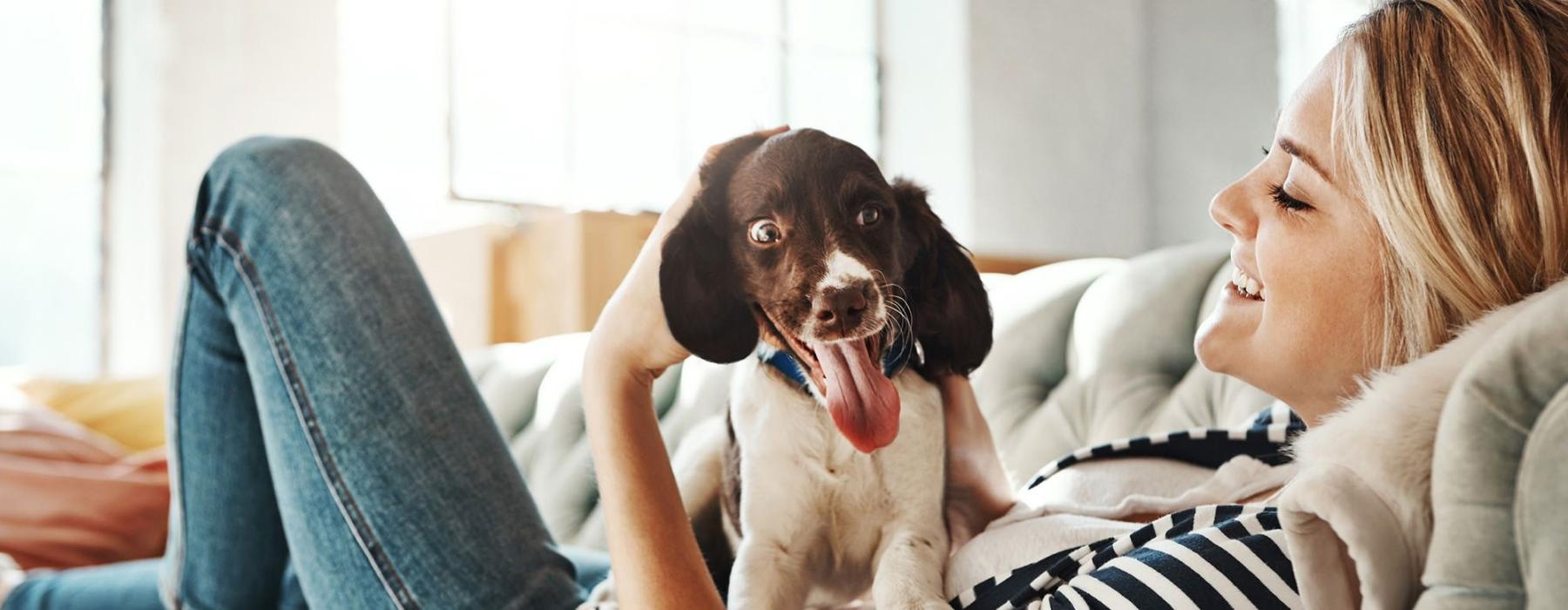 woman lies on a couch and pets her dog