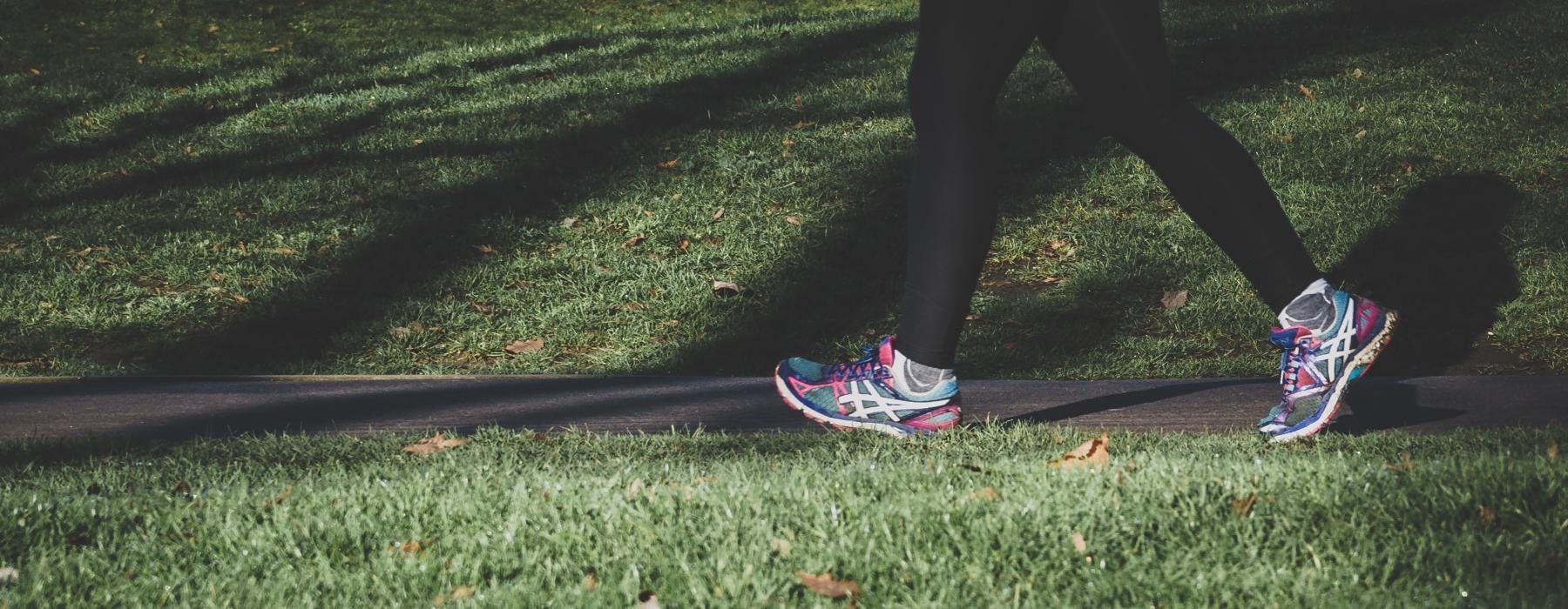 person walks on paved path in a park